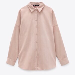 ZARA Oversized Corduroy Light Pink Button Up Shirt Front Pockets Size XS